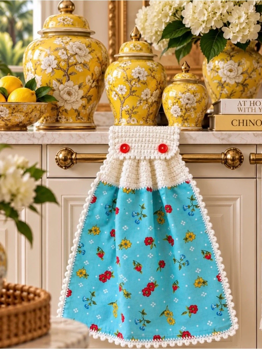Pioneer Woman Tiffany Blue Floral Crochet Hanging Kitchen Towel